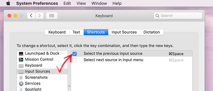 Shortcut key for language change mac